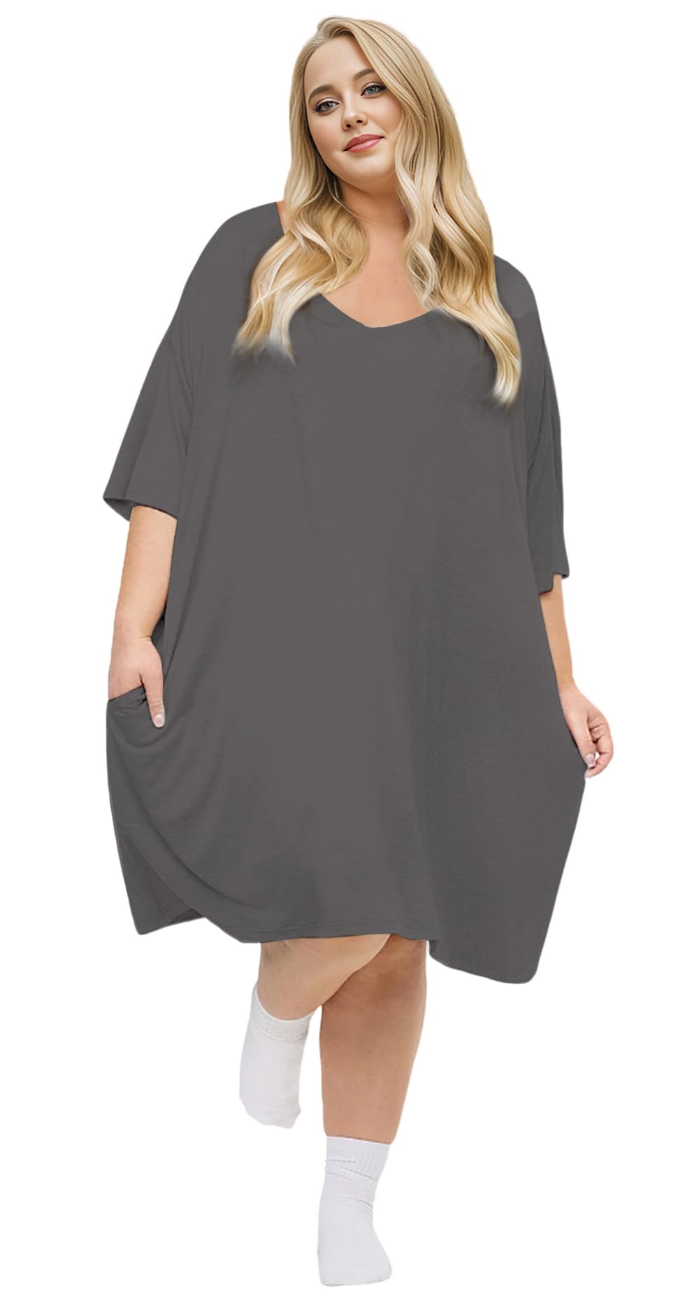 KFUBUO Plus Size Nightgown for Women V-Neck Sleep  Dress Pjs Lounge Short Sleeves Sleepwear With Pocket Fit S-5XL Pajamas Elastic Loungewear Breathable Fabric SpringStatements