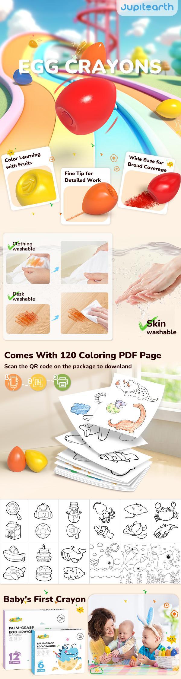 12 Colors Egg Crayons for Toddlers 1-3, Palm-Grasp Non Toxic Jumbo Washable Crayons for Kids, Fat Brain Toys for Preschool Art Supplies and Perfect Easter Gifts for Boys and Girls