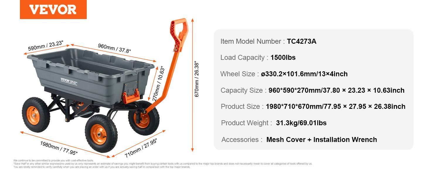VEVOR Poly Garden Dump Cart with Easy to Assemble Steel Frame, 2-in-1 Convertible Handle, 13 Inch Tires, Max Capacity 1500 lbs, Utility Wheelbarrow Productivity Yard