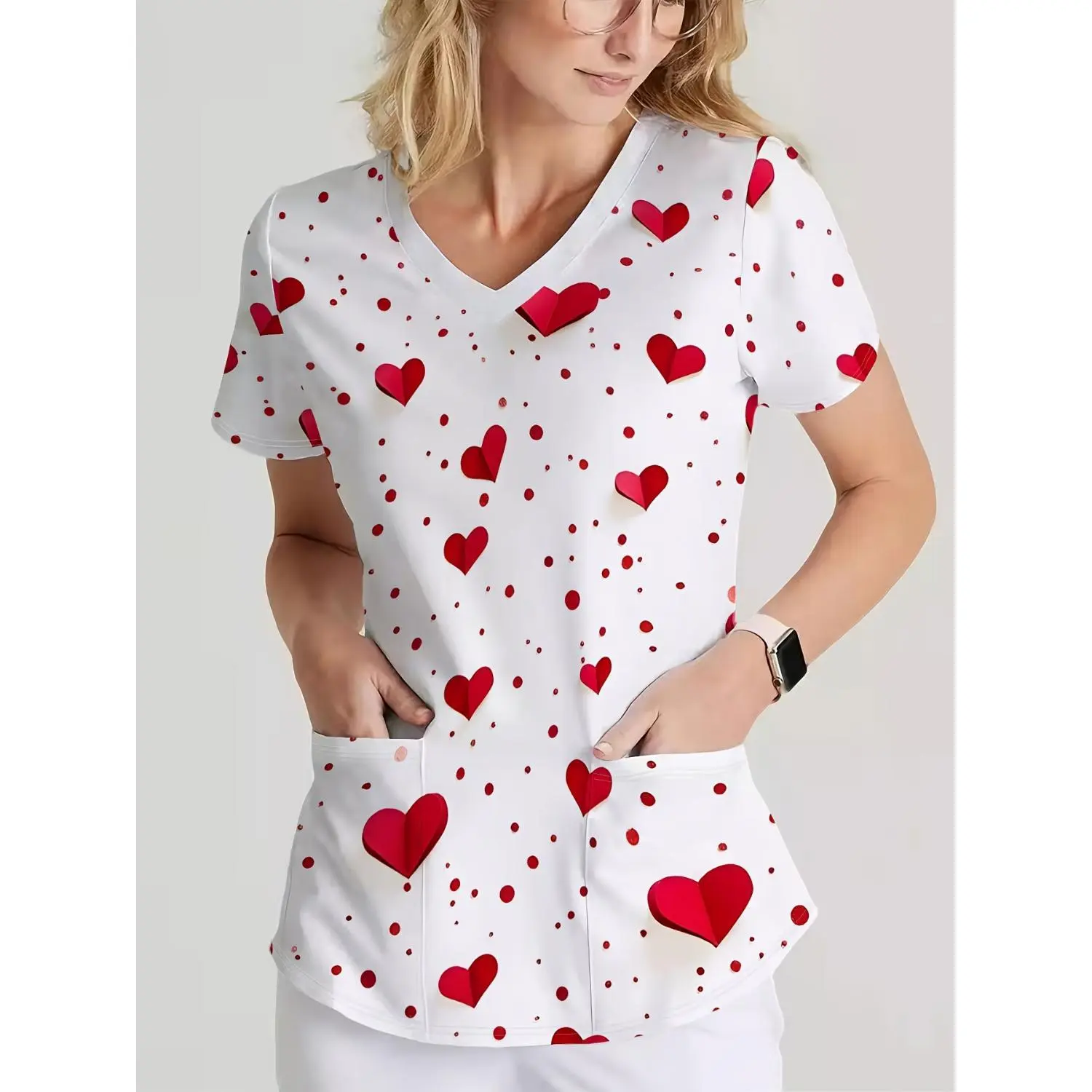 Chic V-Neck Short-Sleeve Lady's T-Shirt, Stylish Nursing Uniform with Adorable Red Heart Print on White Fabric, Soft and Comfortable