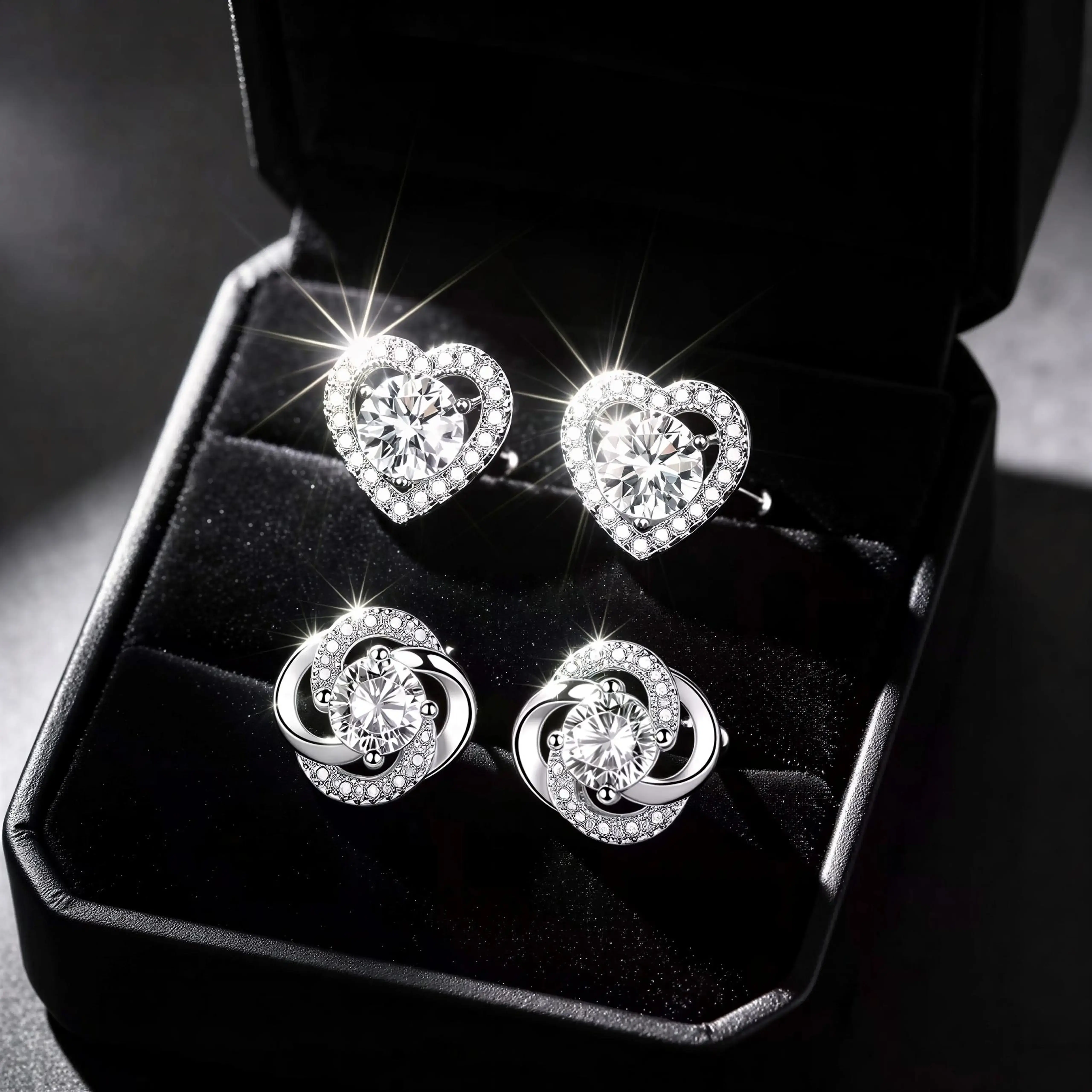Unisex Stainless Steel 2-Piece Moissanite Earrings Set - 1 Pair Heart Shape Love Motif, 1 Pair 4-Leaf Clover Shape, Simple Look Fashion Accessory, Ideal Birthday or Valentine's Day Gift, Moissanite Earring, Stud Earrings