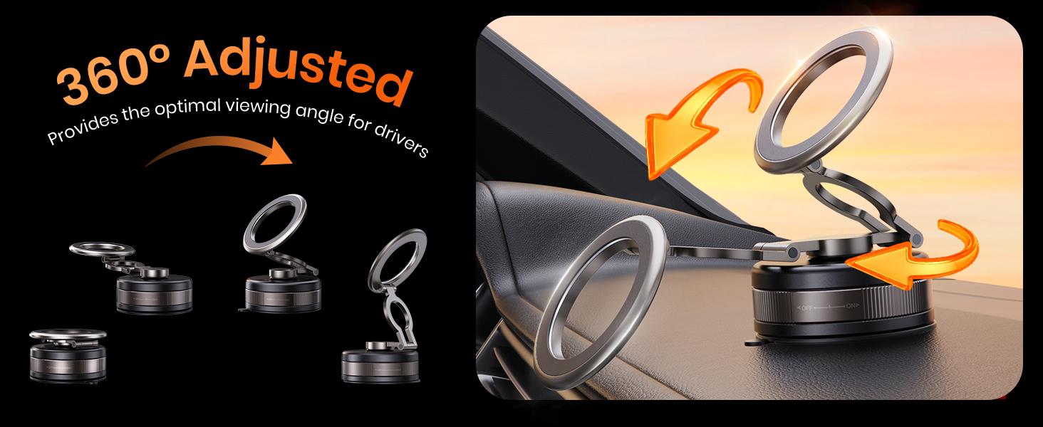 Vacuum Magnetic Phone Holder for Car 360° Adjustable Magsafe Car Mount Strong Suction for iPhone 17/16/15/14 & Android One-Hand Use Secure Hold