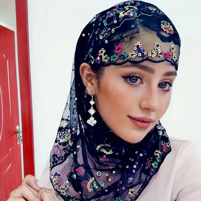 Women's Embroidered Lace Turban Head Wrap - Fitted Shape Female Headwear with Toggle Closure, Sun Protective, for Ramadan, Sun Protection Hat, Religious, Lace Fabric Head Scarves, Lace Blend