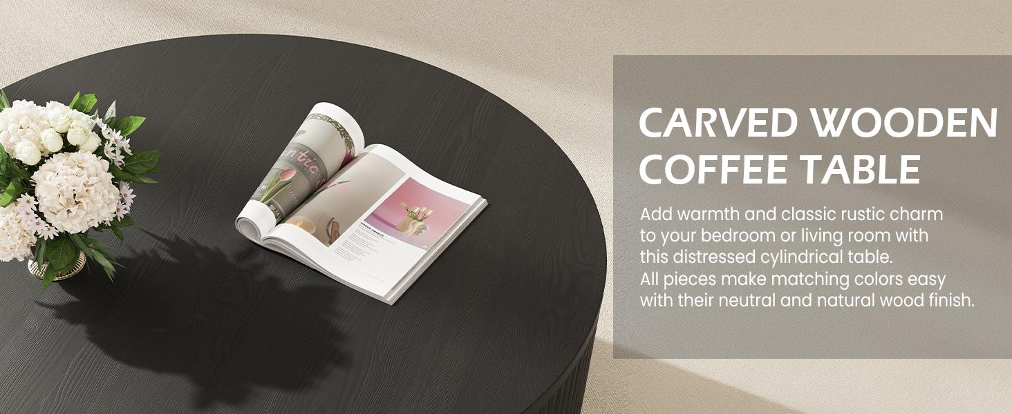 YOUDENOVA 31/35" Round Fluted Coffee Table Modern Wood Circle Veneer Handcrafted Relief Coffee Tables Living Room Black MDF Material Easy Assembly Bedroom Furniture SpringBreak