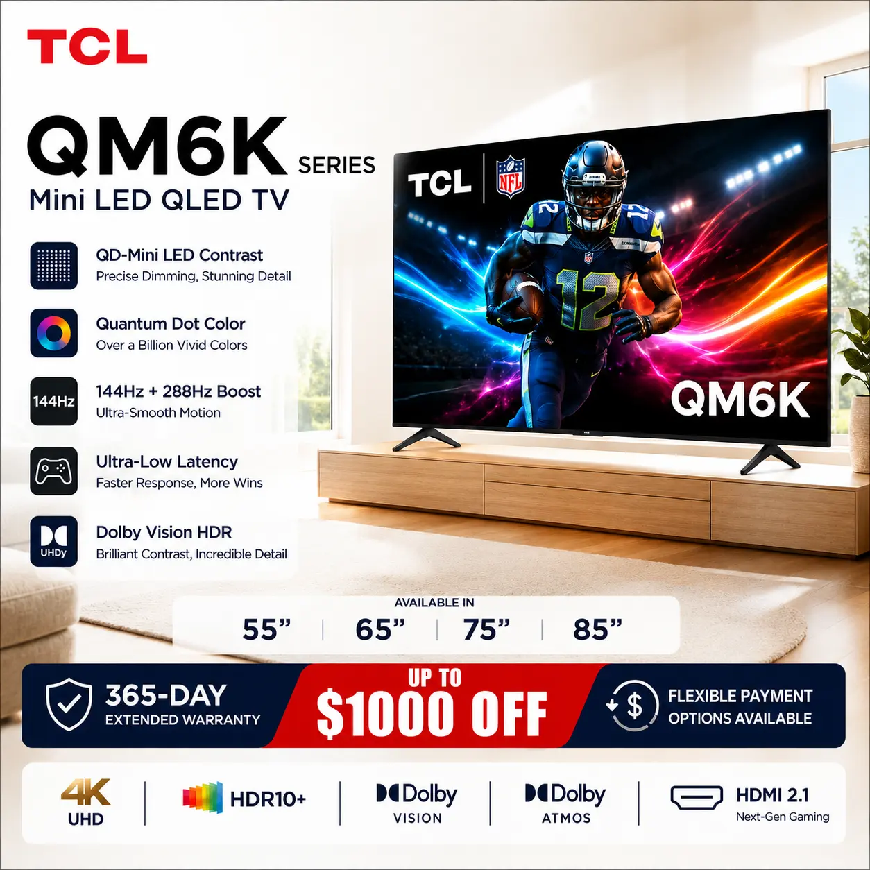 TCL QM6K Series 4K QD-Mini LED Smart TV with Google TV | New Halo Control System, 144Hz Native Refresh Rate, Local Dimming Pro & High Brightness Pro, Onkyo 2.1 Audio | 55"-98" fathersdaygift tiktokshopbacktoschool