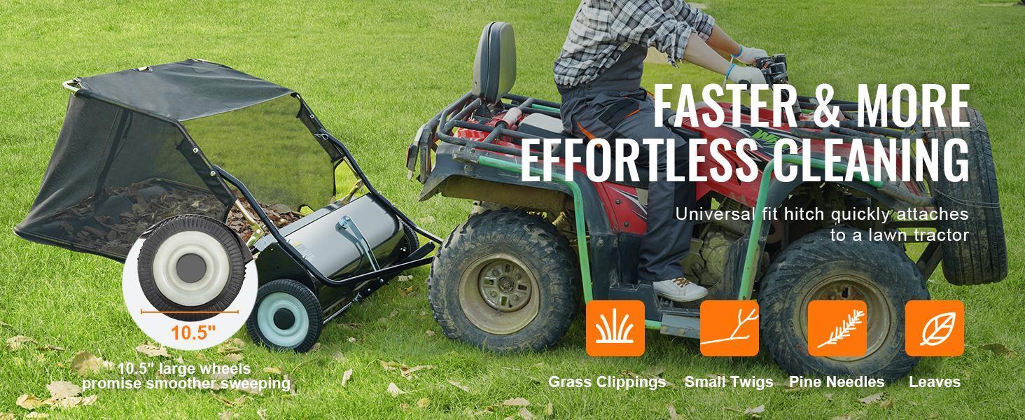 VEVOR Lawn Sweeper, 48.5"/26 cu. ft Large Capacity Tow Behind Yard Sweeper, Dumping Rope Design & Heavy Duty Leaf & Grass Collector with Adjustable Sweeping Height for Picking up Debris and Grass