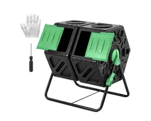 37 Gallon Dual Chamber Compost Tumbler, 360° Rotating Outdoor Compost Bin with Gloves, Fast Composting for Kitchen Scraps & Yard Waste, Heavy Duty Garden Composter
