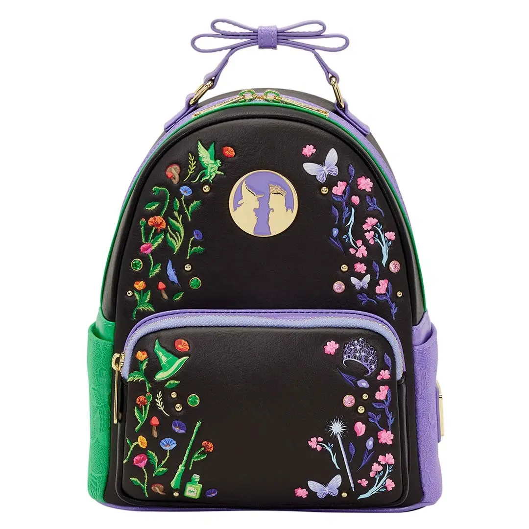 Wicked Glinda & Elphaba Cute Mini Backpack Purse, Collectible Faux Leather Bag with Floral-Purple Lace, Embroidery, Gold Beads, Top Handle, 1 Side Pocket, Graphic, Color Divide, Compact, Unisex, 9”W X10.5”H X4.5”D, for Wicked Fans