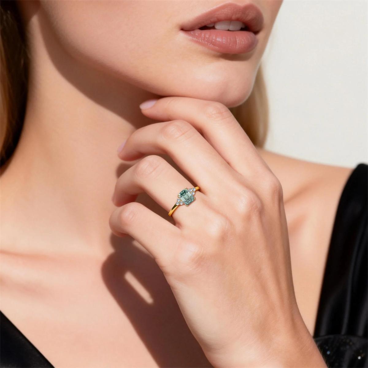 Delzzad 2.2ct Aurora Green Dream Ring Engagement Ring Band Step Cut Synthetic Moissanite Ring Jewelry S925 Perfect Birthday Engagement Wedding Anniversary Christmas Gift