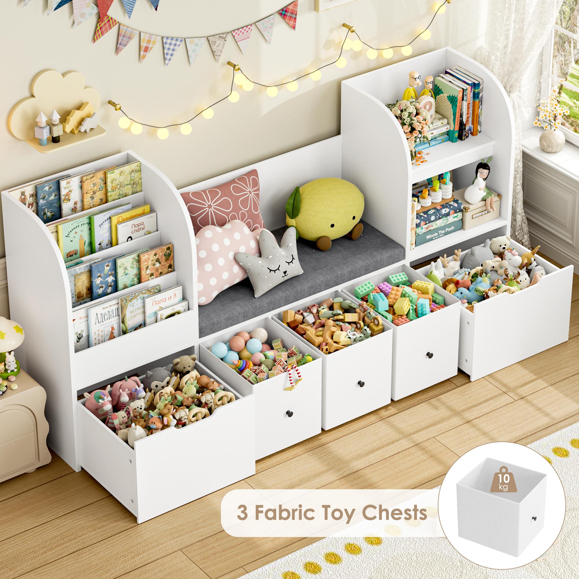 FOTOSOK 71” Kids Bookshelf with Reading Nook, Toy Storage Organizer with Seat Cushion and 2 Movable Drawers & 3 Toy Chests, Kids Reading Nook Toy Organizers and Storage with Bench for Playroom