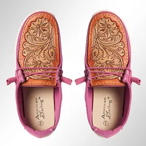 American Darling Hand tooled, carved genuine leather trim lightweight shoe footwear, slip on| Tooled Footwear