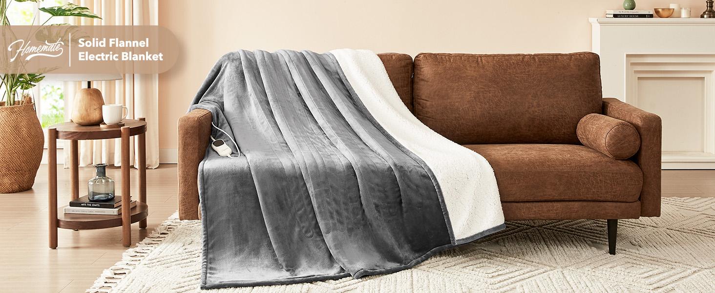 Homemate Heated  Electric Throw 1/2/4/6/8 Hours Auto-Off 10 Heat Levels Flannel Sherpa Over-Heat Protection NTC Technology ETL Certification coziest blanket Durable Household Items