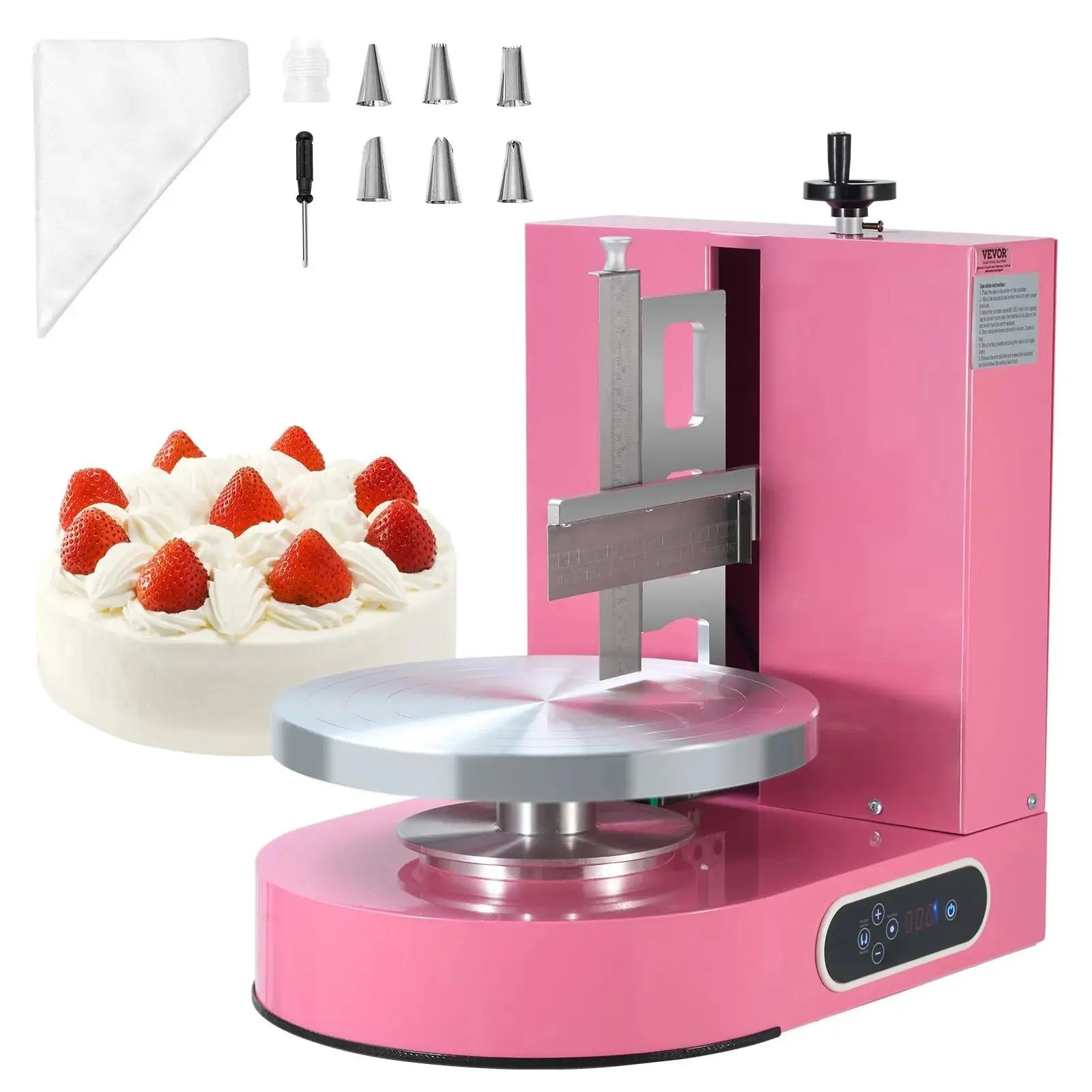 【DealsForYouDays】VEVOR Cake Decorating Machine,  Cake Cream Spreading Coating Smearing Machine, Low Noise Cake Frosting Machine, Turntable with Adjustable Scraper, for 4" to 12" Cake, 25-320RPM Rotating Speed, Pink