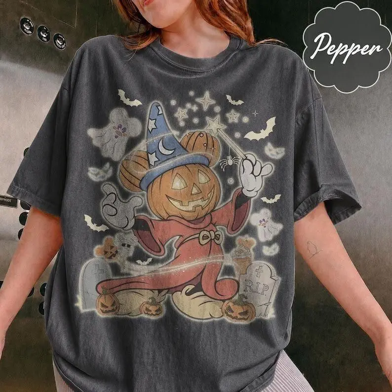 Vintage Wizard Mouse Halloween Comfort Colors Shirt, Retro Pumpkin Graphic Tee, Spooky Fall Costume Party Shirt