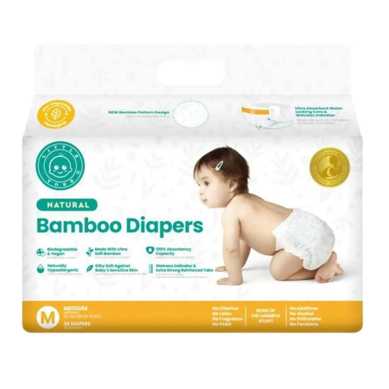 Little Toes Patented Natural Disposable Bamboo Viscose Diapers, 36 Pack - Hypoallergenic and Vegan safe  diapers