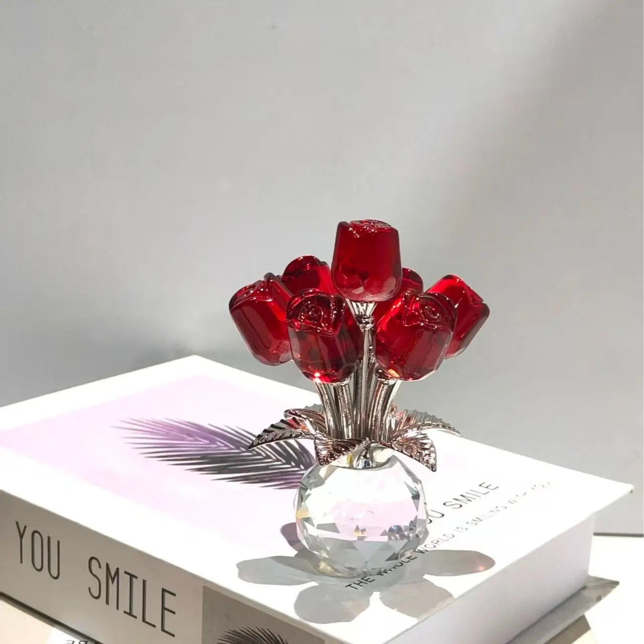 Crystal ball vase with cut crystal rose bouquet ornament, everlasting faux rose desktop decoration
