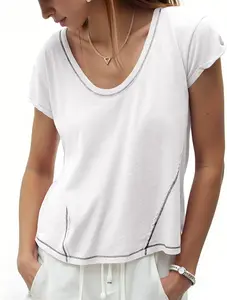 Cicy Bell Women's Cropped Scoop Neck Tshirts Summer Cap Short Sleeve Exposed Seam Tops Casual Loose Fit Cotton Tee Shirts