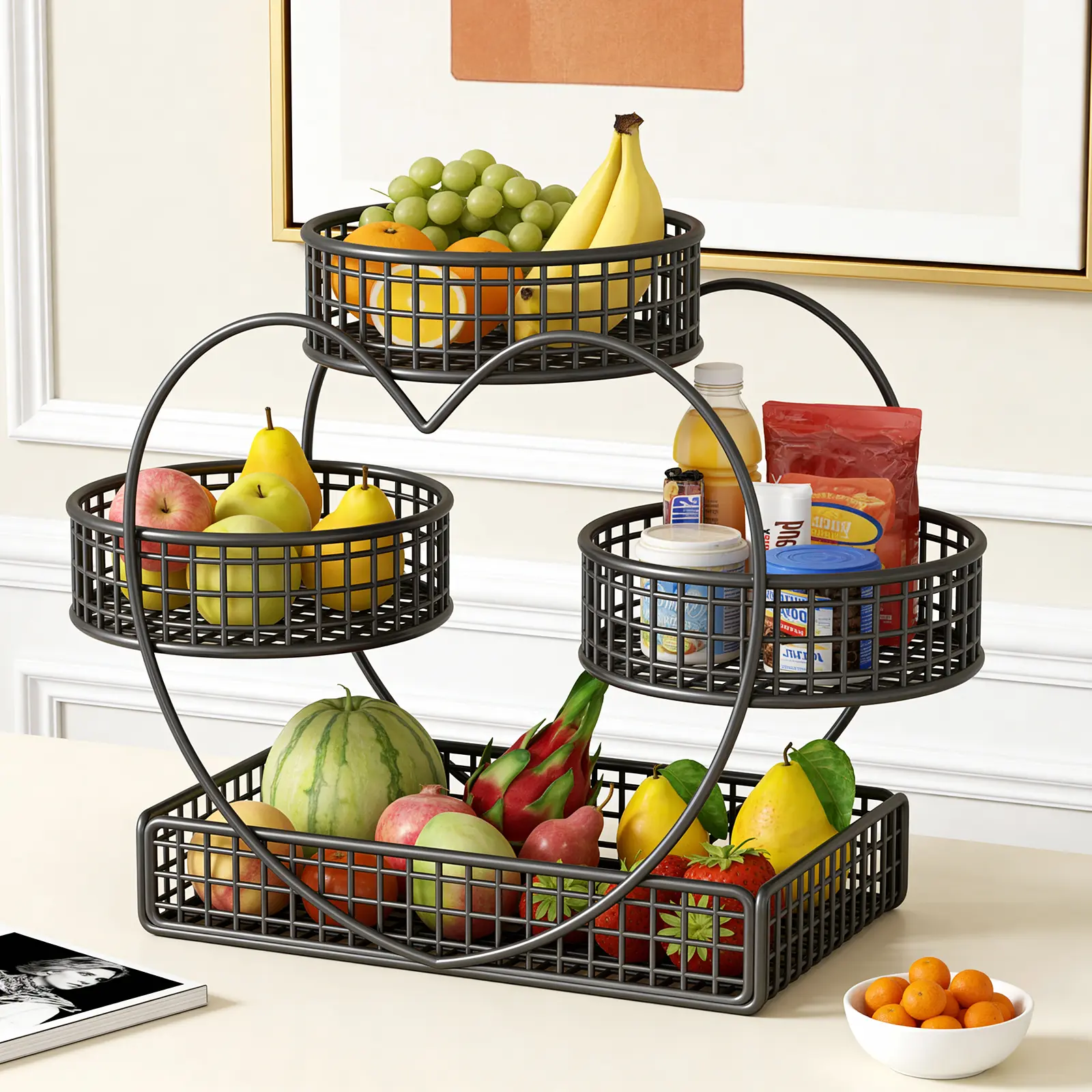 3-Tier Metal Frame Heart-Shaped Open Baskets Rack - Wire Mesh Kitchen Countertop Shelf, Fruit & Snack Organiser, Thanksgiving Gift Idea with Storage Bag