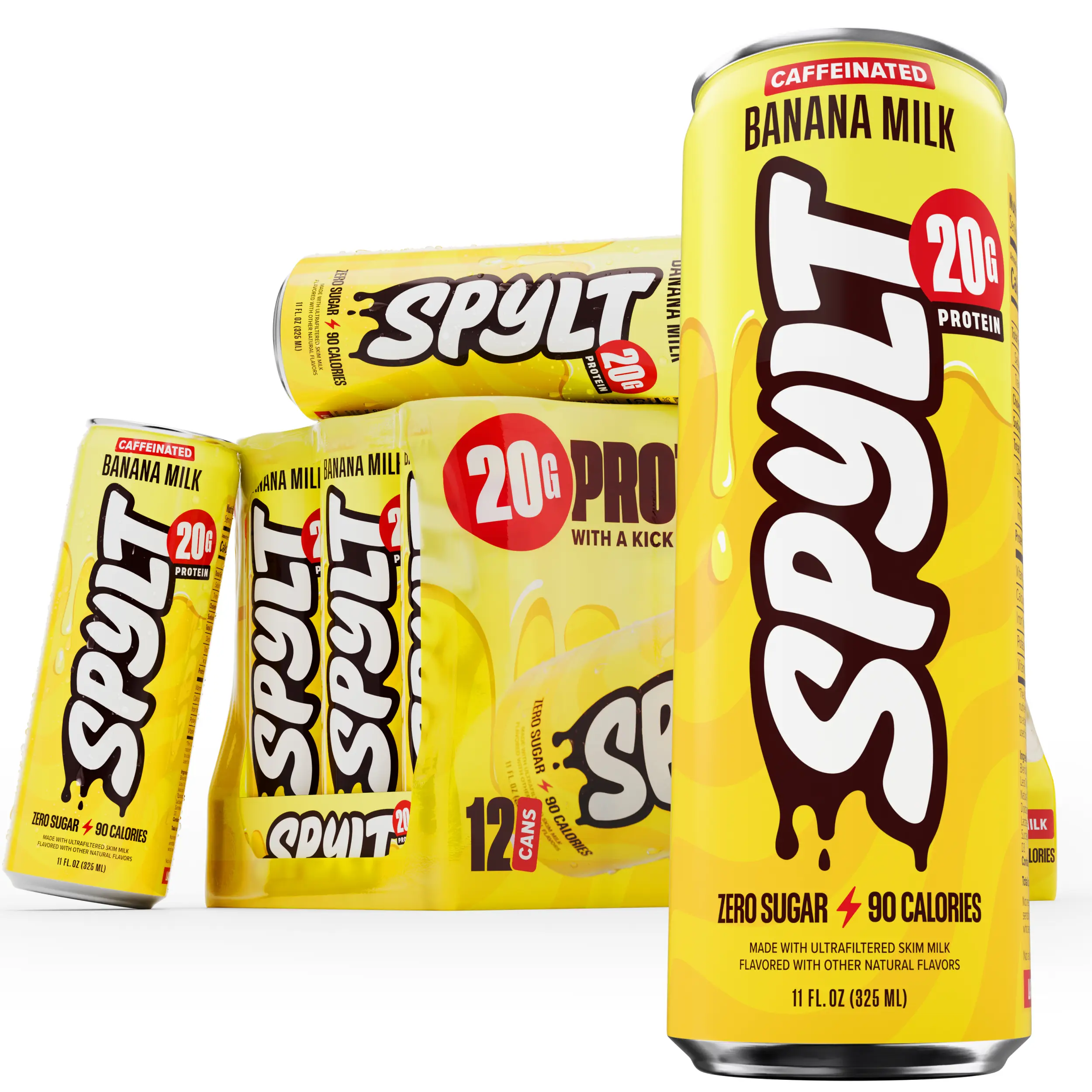SPYLT High Protein Drink, Caffeinated Banana Milk | Workout Recovery & Energy Boost | Sugar Free, Lactose Free | 60mg Caffeine & 20g Protein - 90 Calories | 12 Count