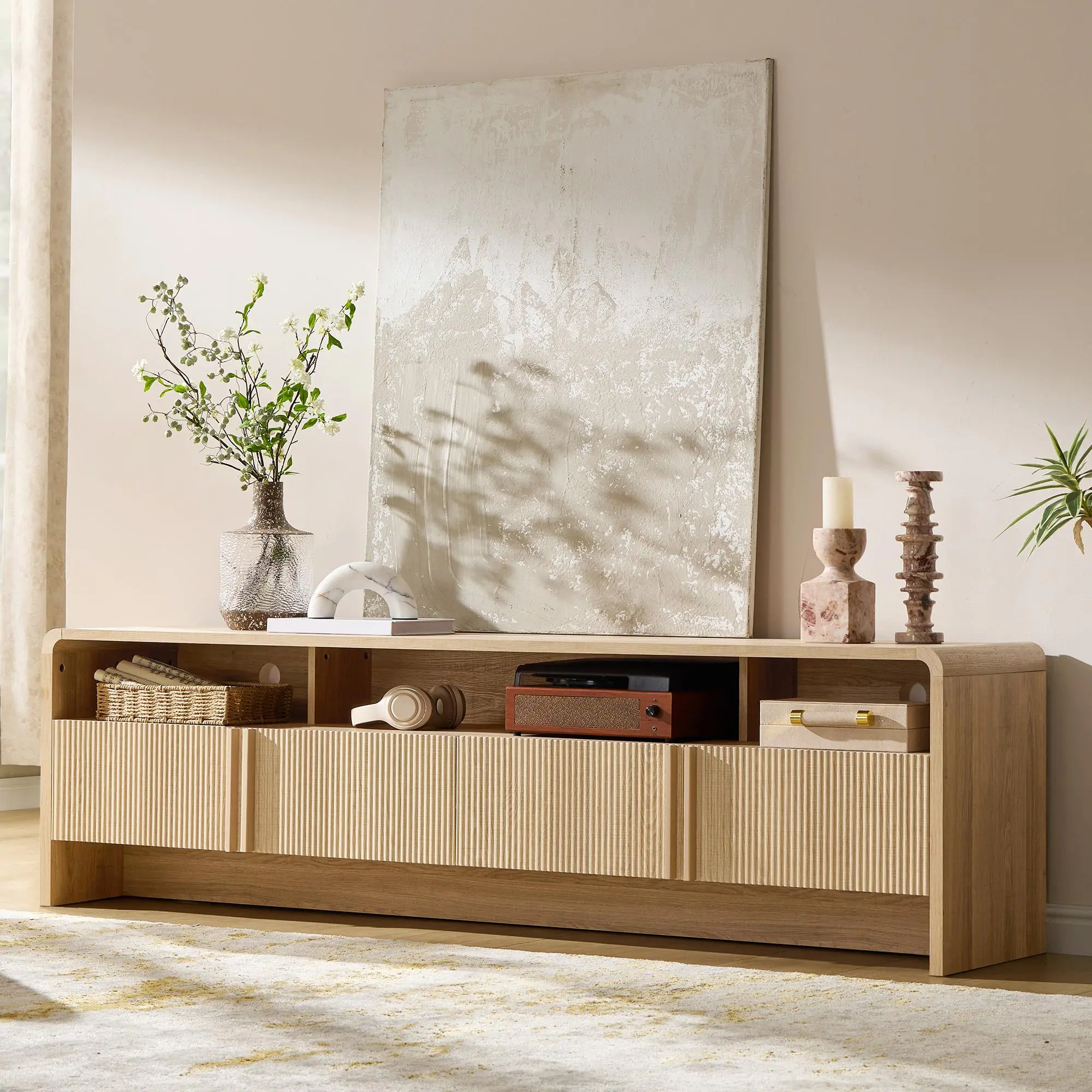 AMERLIFE 70" Modern TV Stand for TVs Up to 80", Wood TV Console with Curved Profile Design & 2 Storage Cabinets, Media Console Entertainment Center for Living Room, Bedroom/Best Gift Ideas/Christmas Gifts[tiktokshopbacktoschool][SohoChic]