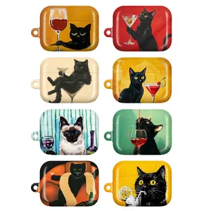 Funny Drinking Cat AirPods Case – Cute Cat with Wine & Cocktail Martini Glass Illustration, Aesthetic Art Protective Cover for AirPods 1 2 3 4 & AirPods Pro 1/Pro 2/Pro 3, Cat Lover Gift
