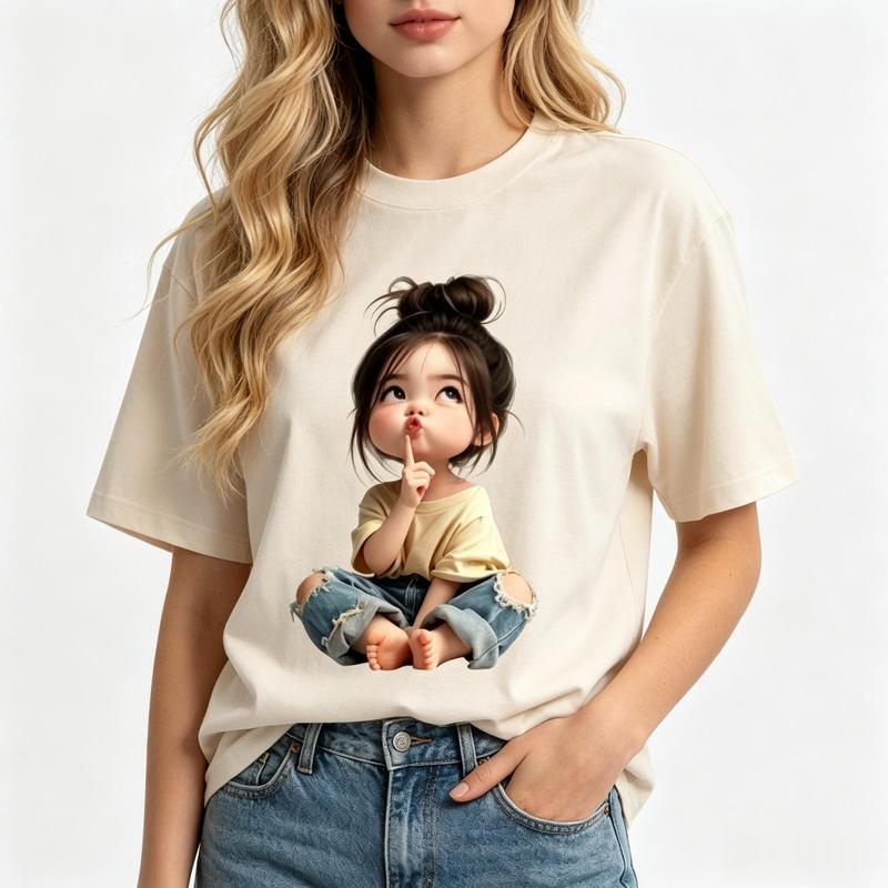 Women's Oversized Cream Crew Neck Short Sleeve Soft Comfortable Tee - Breathable Fabric, Cute Cartoon Print, Messy Bun Shhh Finger Quiet Graphic, Kawaii Y2K Aesthetic Streetwear, Summer Casual Outfit
