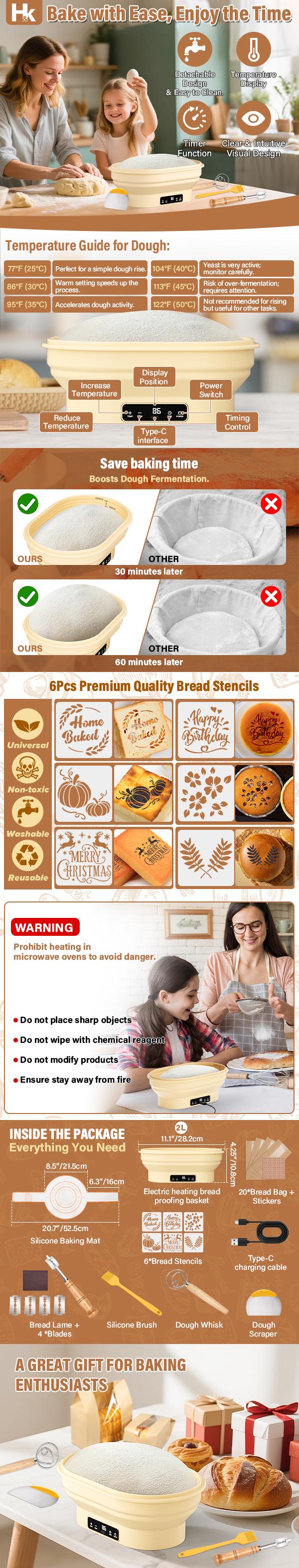 Heating Bread Proofing Basket Set, 11" Oval Bread Baking Supplies with Timer & 6 Temp Settings, Silicone Foldable Sourdough Starter Warmer, Starter Baking Kit Gift Heating Bread Proofing Basket Set, 11" Oval Bread Baking Supplies with Timer & 6 Temp Settings, Silicone Foldable Sourdough Starter Warmer, Starter Baking Kit Gift