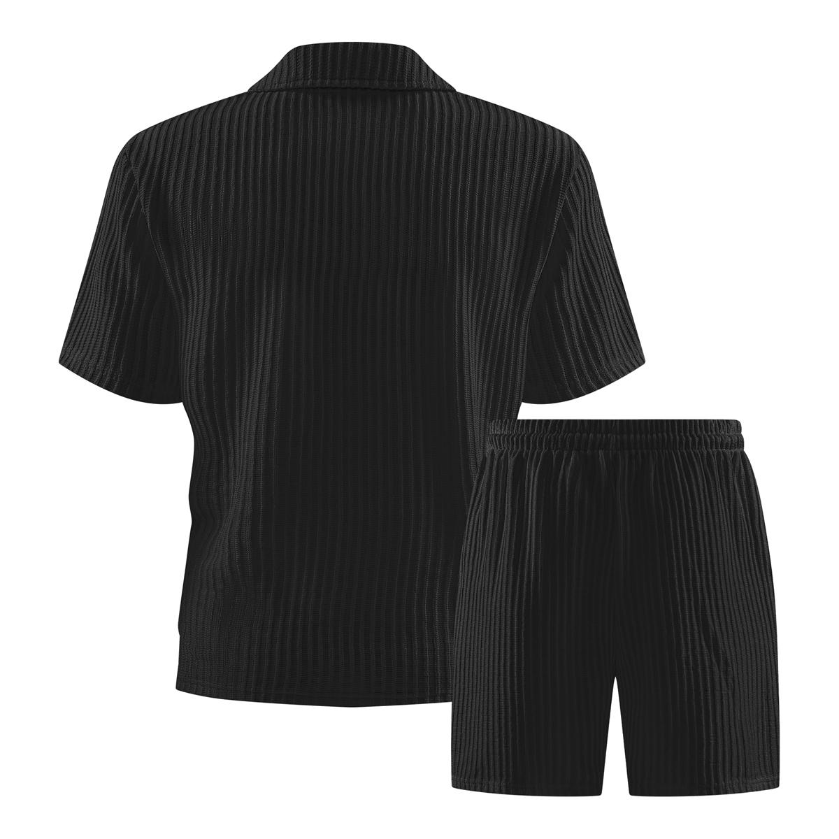 Classic men's solid color summer polo shirt shorts set, regular version with vertical fine stripe texture and exquisite collar design to create a refined casual look