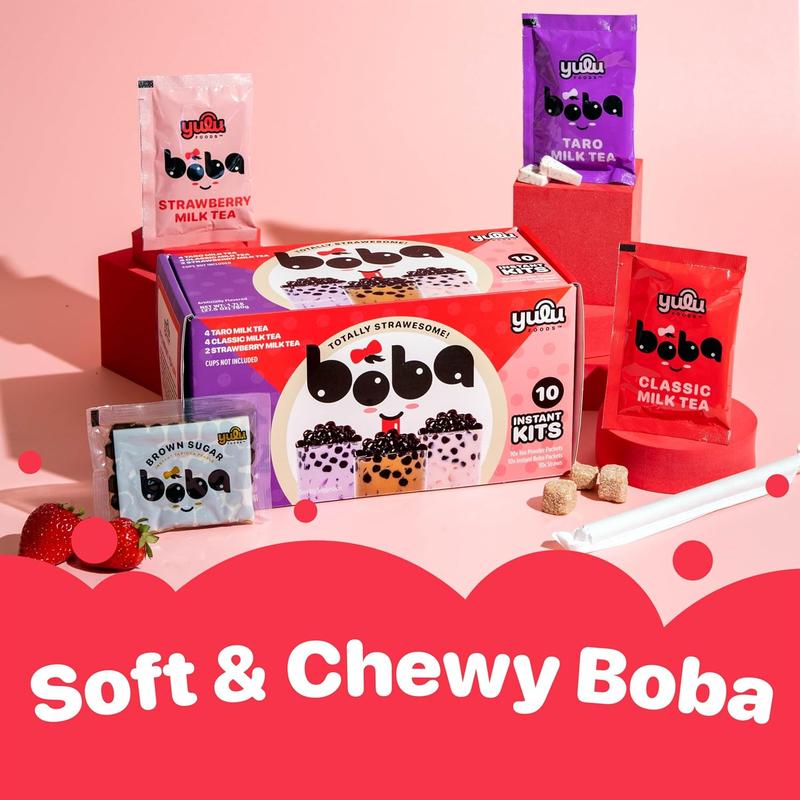 SALE - Boba Bundle Kit 10 Serv. Instant Bubble Pearl Variety Milk Tea Kit with Authentic Brown Sugar Tapioca Pearls by Yulu Foods - Ready in Under 1 Minute, Includes Paper Straws - Gift Box, Holiday (Classic, Taro and Strawberry)