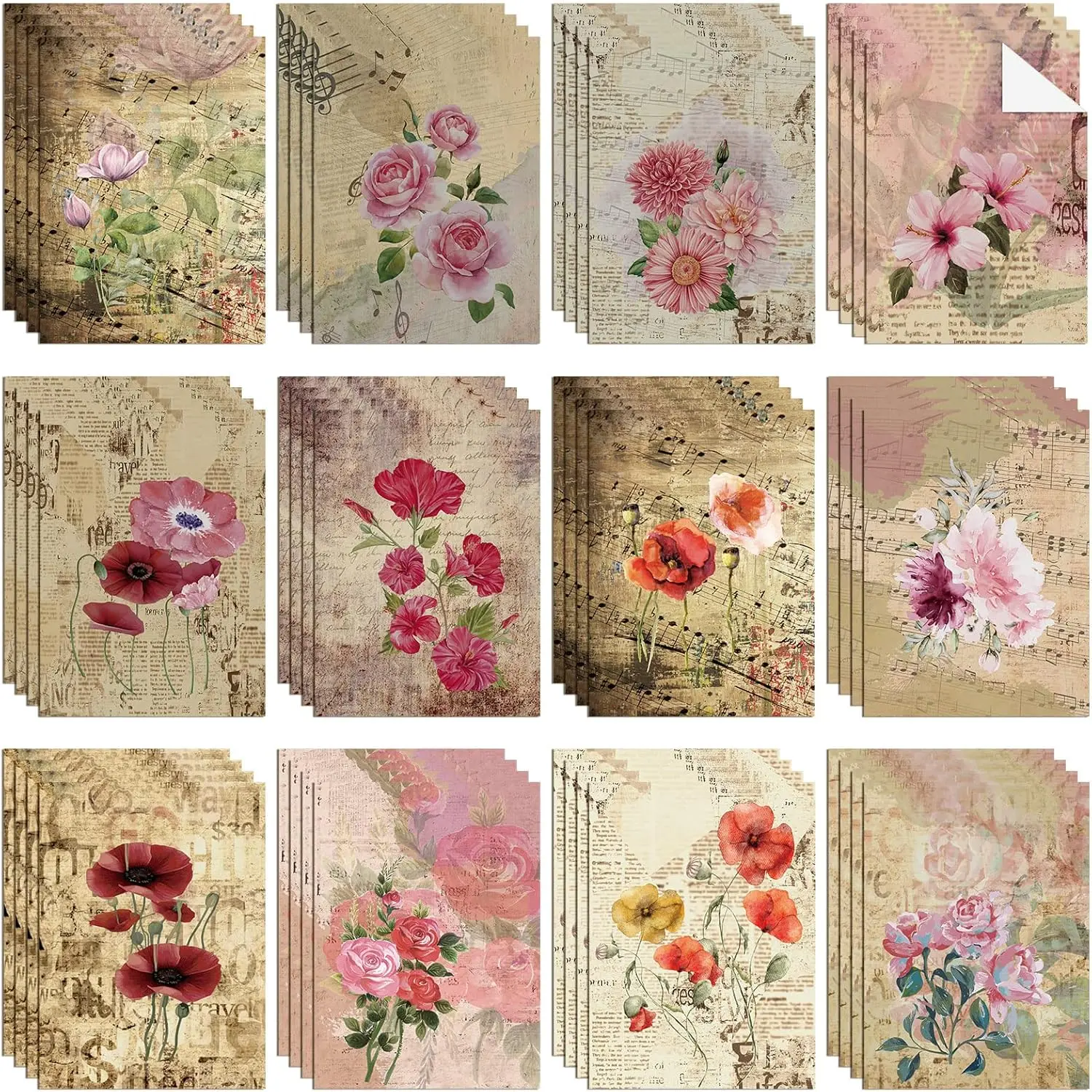 48 Sheets Decoupage Paper for Furniture 8.3 x 11.7 Inches  Flower Paper Decorative Supplies Floral Decoupage Decor for Crafts Scrapbook, 12 Styles, Exquisite