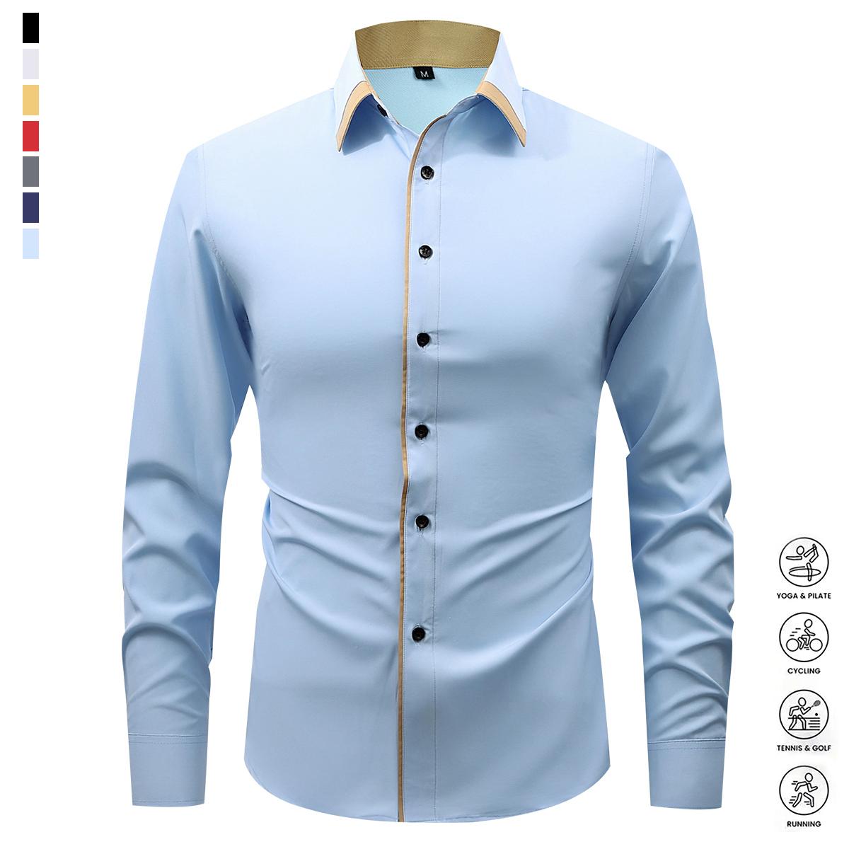 Men's Fashion Spring and Autumn Dress Light Business Long Sleeve Shirt Classic Double-breasted Elastic Contrasting Color Comfortable Breathable Sweat Top Men's Clothing