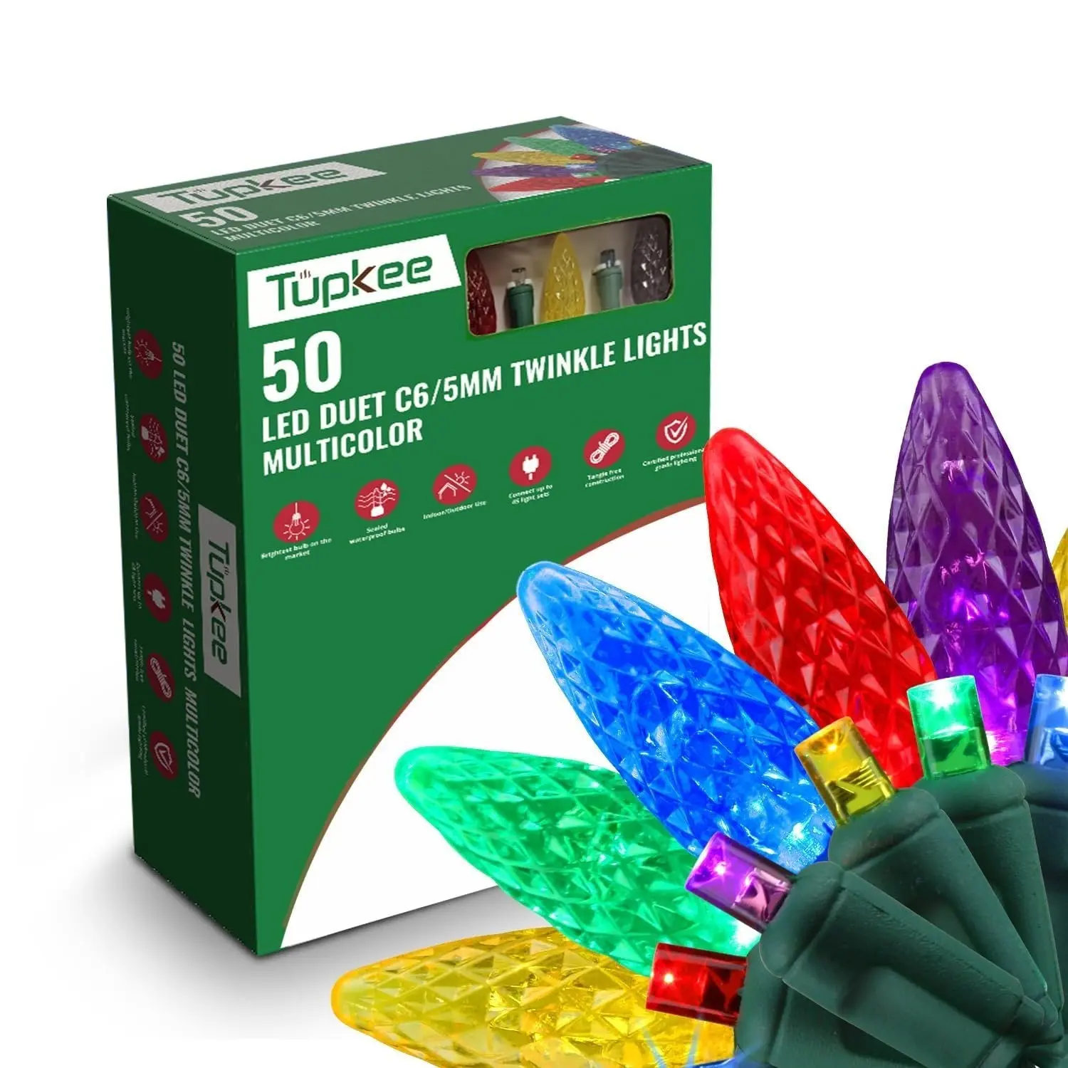 Tupkee LED C6/5mm Twinkle Christmas Lights, 50 Multicolor Bulbs, 24.5 ft String, Professional Grade, Random Twinkling, Indoor & Outdoor