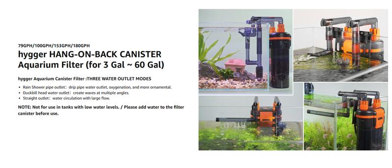 hygger External Hang-On-Back Canister Aquarium Filter,Quiet Fish Tank Filter with 3-Stage Filtration,Anti-Dry Burn Motor,Adjustable Flow,Oil Skimmer,Duckbill Nozzle,Shower Spray Bar
