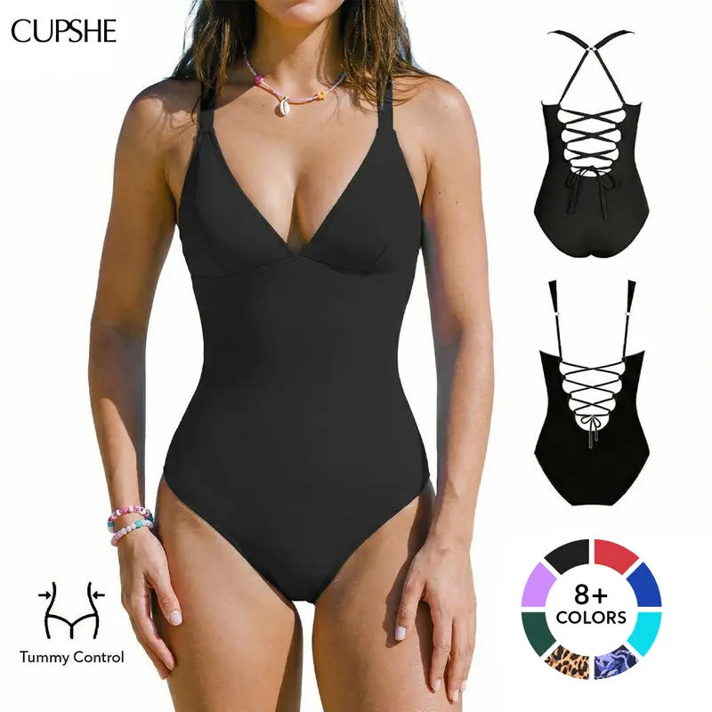 CUPSHE One Piece Swimsuit: Plunging V Neck Sculpting Tummy Control Bathing Suit with Adjustable Lace-Up Back (Size XS-3XL)