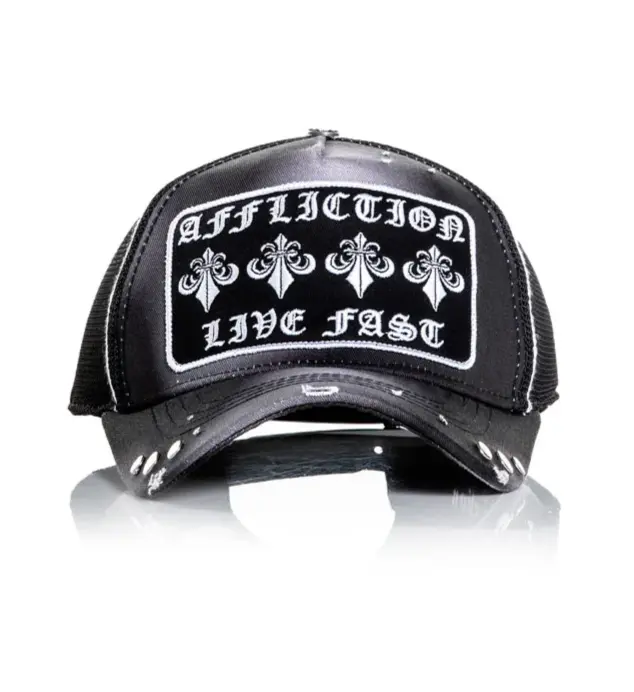 Affliction Men's Life Trucker Hat, 5-Panel Casual Baseball Cap in Cotton Twill & Mesh with an Adjustable Snapback and Distressed Brim, Adjustable Hat