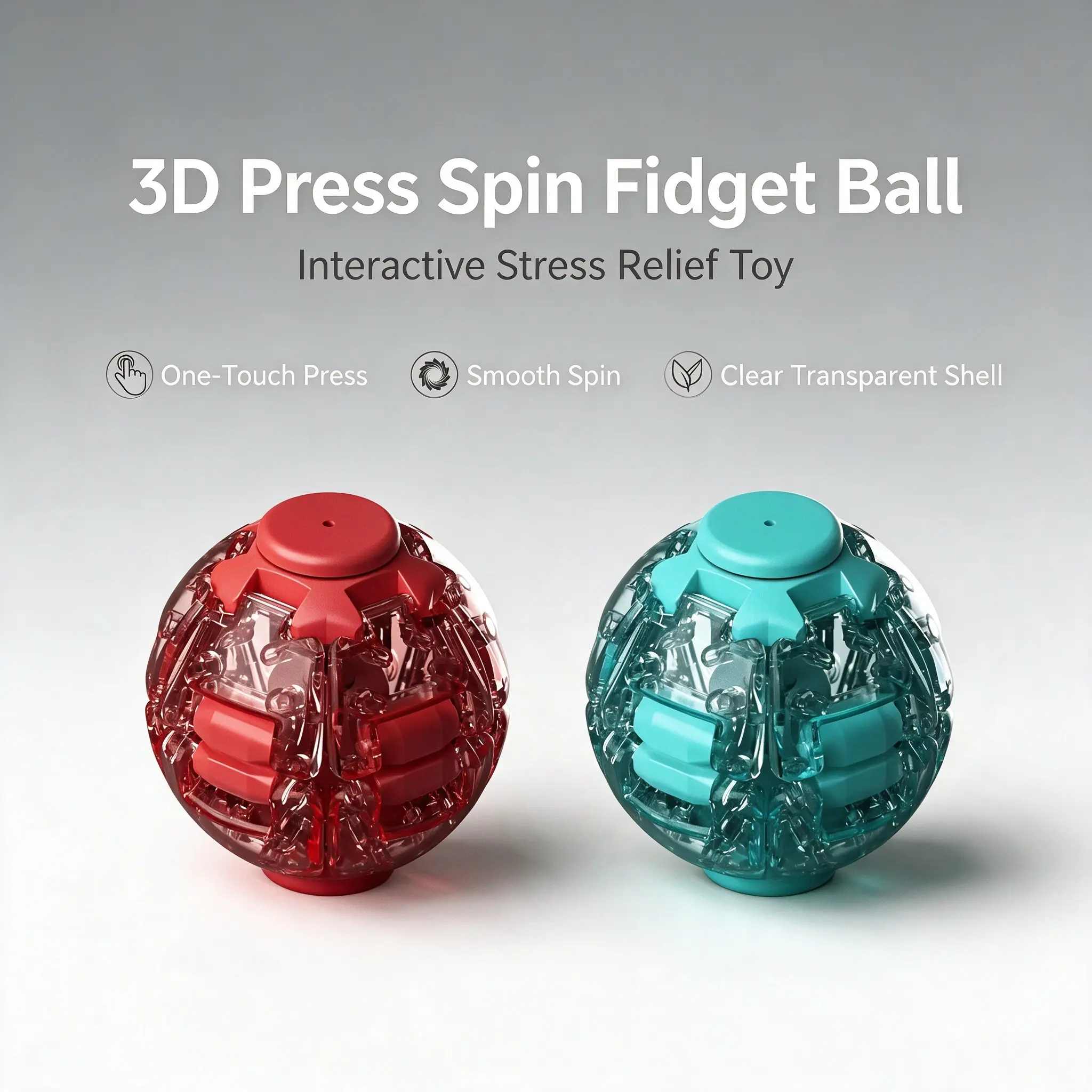 3D Press-Spin Fidget Ball Keychain, Palm-Size Round Shape Unisex Stress-Release Toy with Transparent Shell