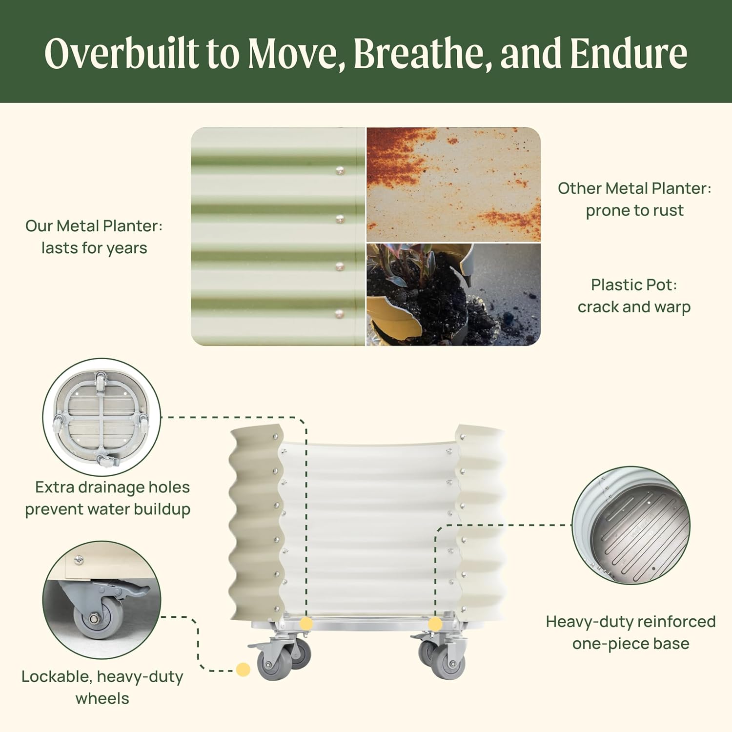 Vego Garden 20 Gallon Rolling Planter Metal Citrus Tree Planter with Wheels for Patio Porch & Backyard Classic Design for Dwarf Trees