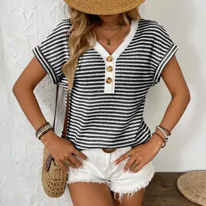 Women's Striped Knit Polo Top - Casual V-Neck Henley Short Sleeve Sweater - Summer Lightweight Boho Chic Tee