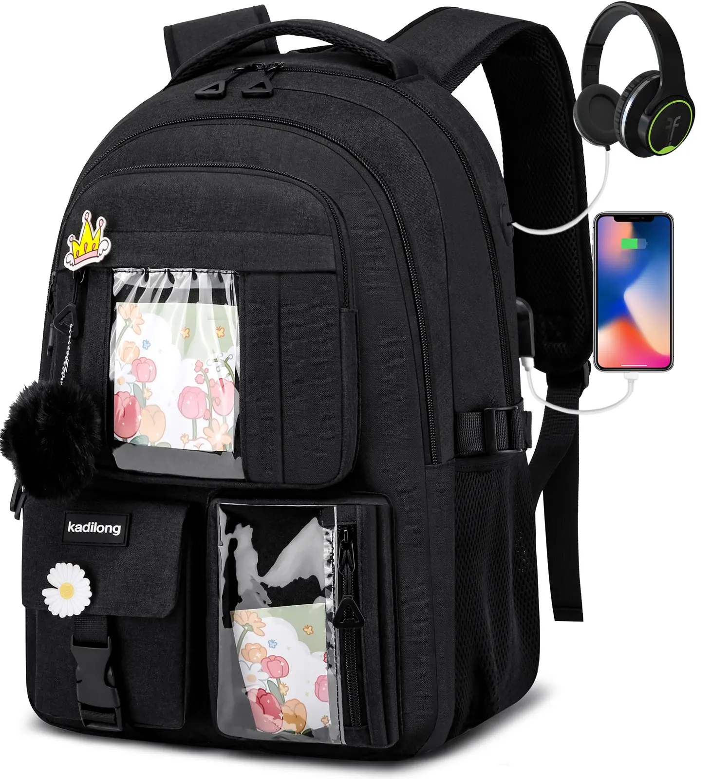 kadilong 15.6 Inch Ita Backpack for Girls & Teens, Clear Window Laptop Backpack with USB Charging Port & Headphone Jack, Large Capacity Water Resistant Bookbag with DIY Badges & Pom Pom, for Middle/High School, College Students, Daily Use, Travel  Commute