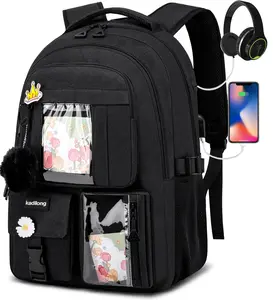 kadilong 15.6 Inch Ita Backpack for Girls & Teens, Clear Window Laptop Backpack with USB Charging Port & Headphone Jack, Large Capacity Water Resistant Bookbag with DIY Badges & Pom Pom, for Middle/High School, College Students, Daily Use, Travel  Commute
