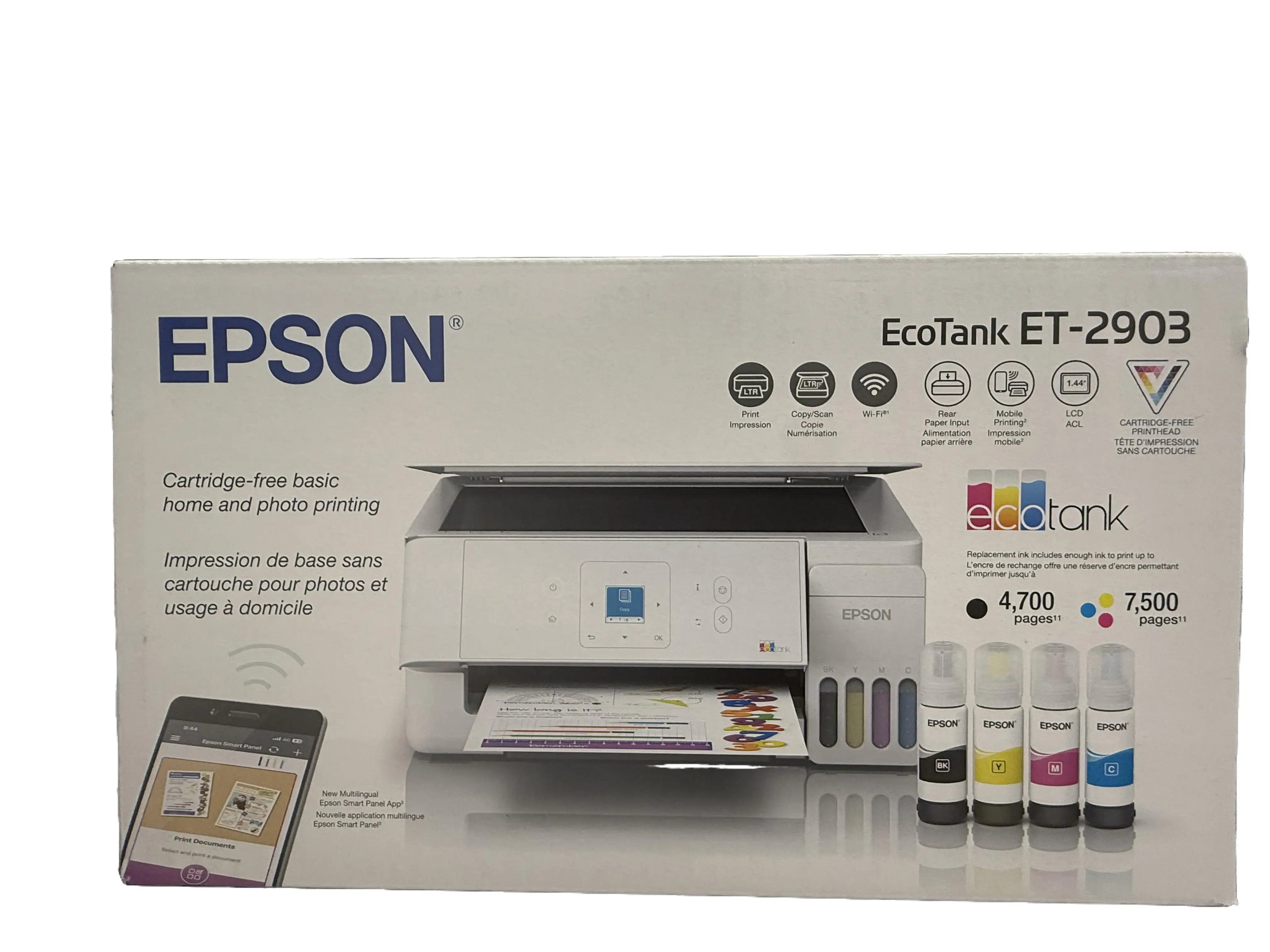 Epson EcoTank ET-2903 Wireless All-in-One Color Supertank Printer with up to 3 Years of Ink, Refillable Tanks, Perfect for Home, 11 PPM, 1.44" Color Screen, Built-in Scanner – White