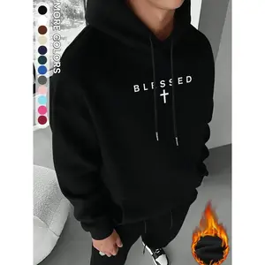 Men's Multicolor Fall Winter Fleece Hoodie, Blessed Cross Print, Kangaroo Pocket Design, Casual Fashion for Daily Wear