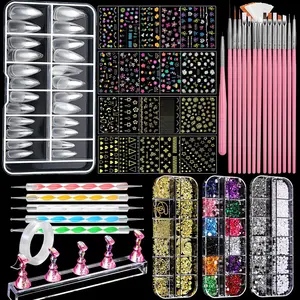 Nail Art Brushes, Nail Art Kit with Nail Art Brush, Dotting Tools, Nail Rhinestones Pearls, Nail Charms and Gems, Nail Stickers for Women Decals, Nail Stand for Press on, Nail Design Kits