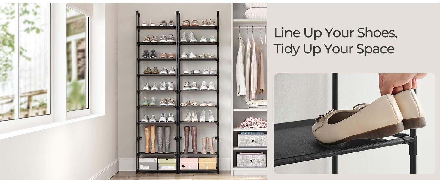 SONGMICS HOME 10 Tier Shoe Shelf, Shoe Storage Organizer, Space-Saving, Metal Frame, Non-Woven Fabric Shelves, for Entryway, Bedroom Racks