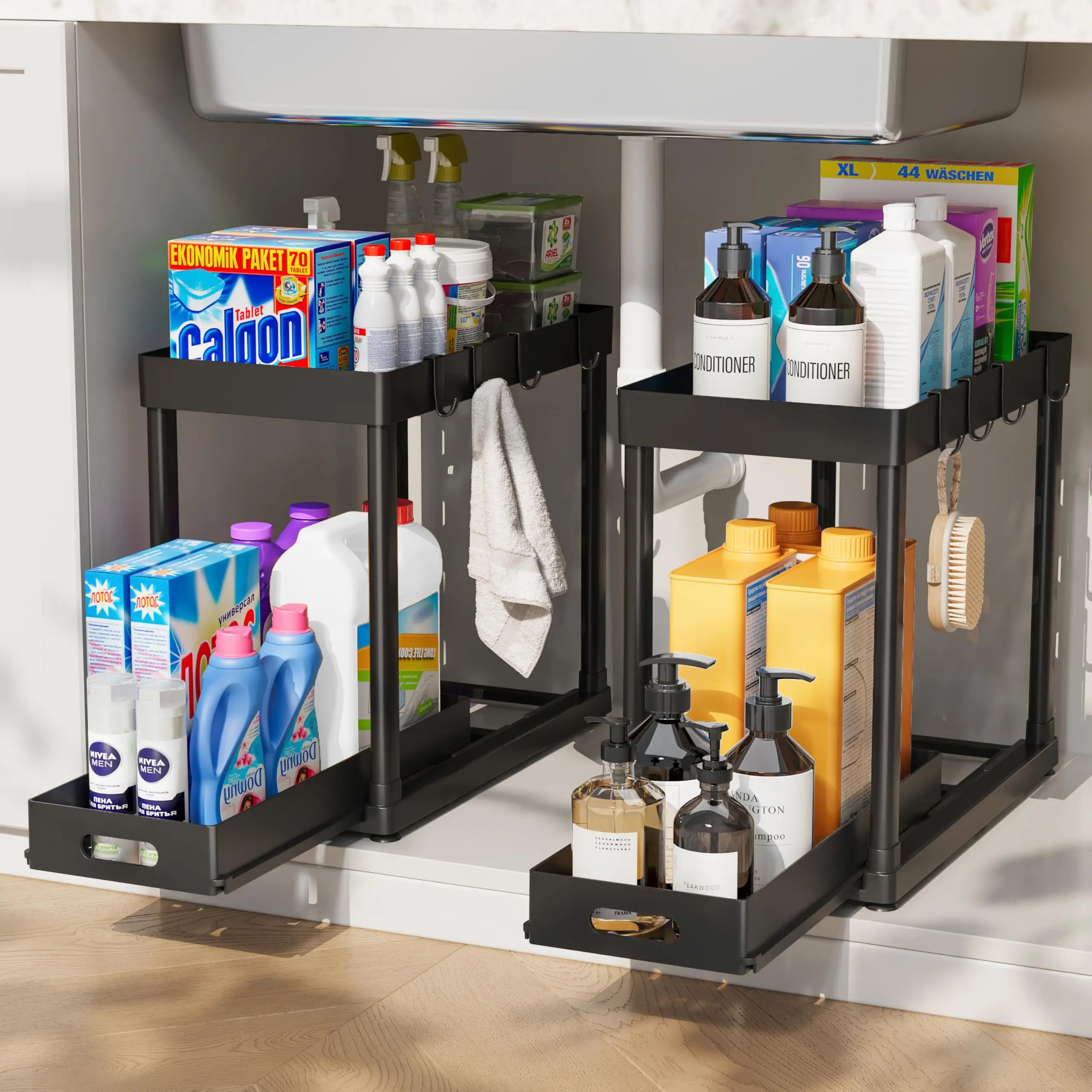 2pcs Rectangle Black Plastic Under Sink Storage Organizers - 2-Layer Sliding Pull-Out Shelves, 8 Hooks, Sturdy Metal Construction, 15x8x12.8in Anti-Slip, Kitchen Accessories, House Organizers for Cabinet Spice Rack