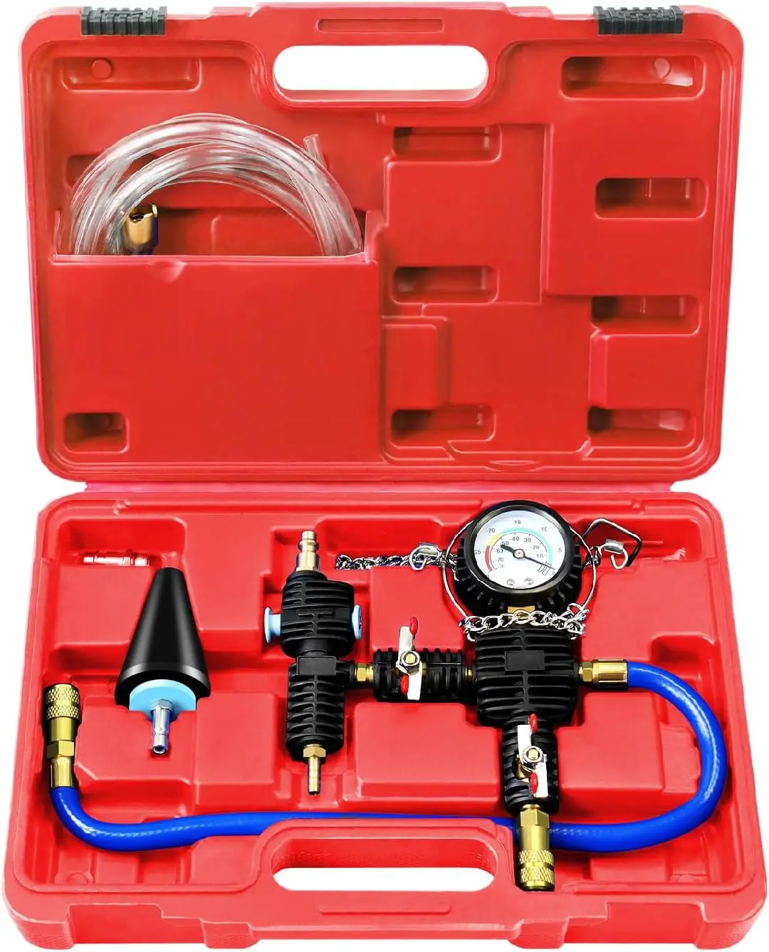 Automotive Cooling System Pneumatic Vacuum Purge & Coolant Refill Tool Kit - 1 Set with 1 Universal Adapter, 4-Size Adapters, Case, Hose, -25”-20inhg, Easy to Use for Car, SUV, 4 Sizes Adapters