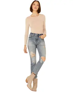 Daze Women's Denim Light Wash Distressed High Rise Straight Jeans - D6201zzo-Pwr