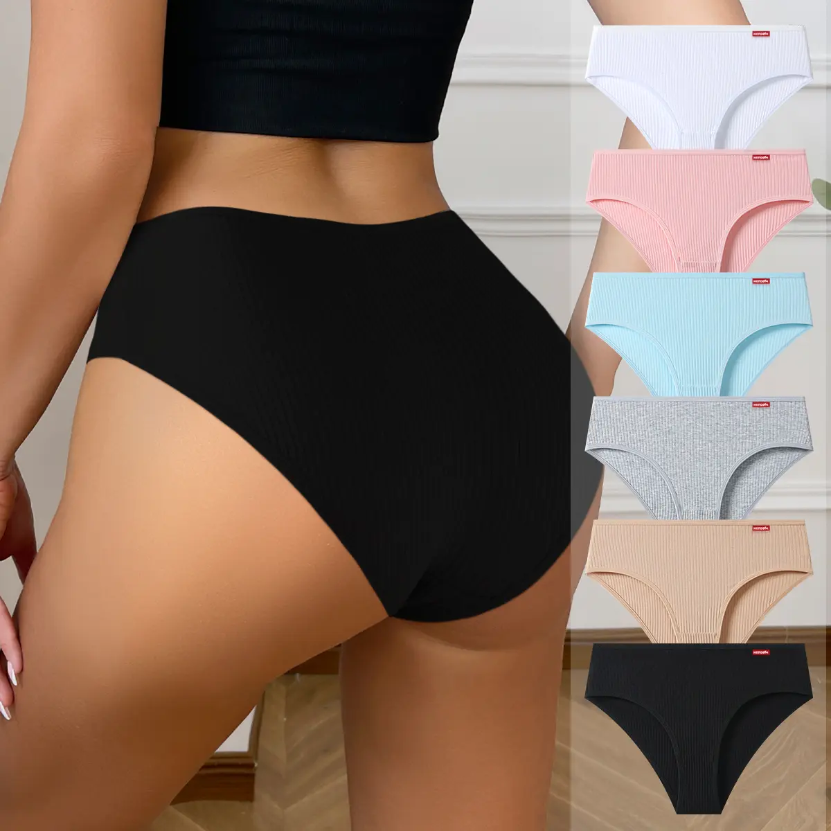 HOTCOM Women's Cotton Blend Underwear 6-Pack - Cute Low Rise Ribbed Bikini Briefs, Breathable Soft Stretch Everyday Panties