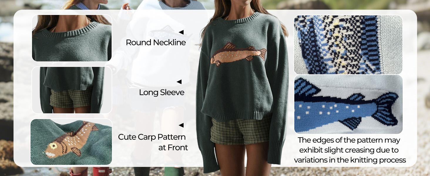 CHARTOU Women Fashion Crew Neck Rib Knit Crucian Carp Graphic Oversized Y2k Pullover Sweater Jumper