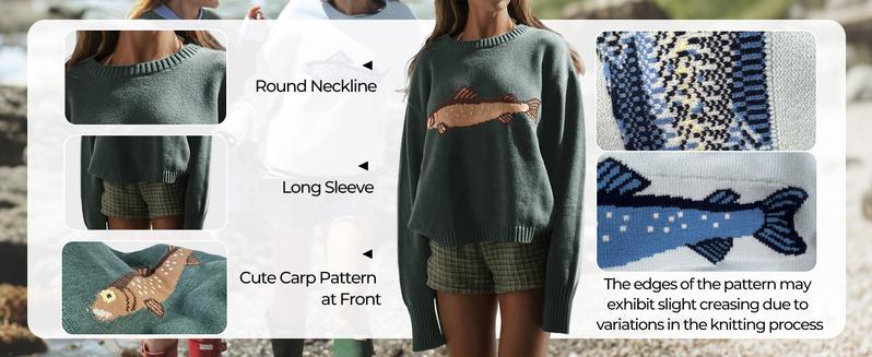 CHARTOU Women Fashion Crew Neck Rib Knit Crucian Carp Graphic Oversized Y2k Pullover Sweater Jumper